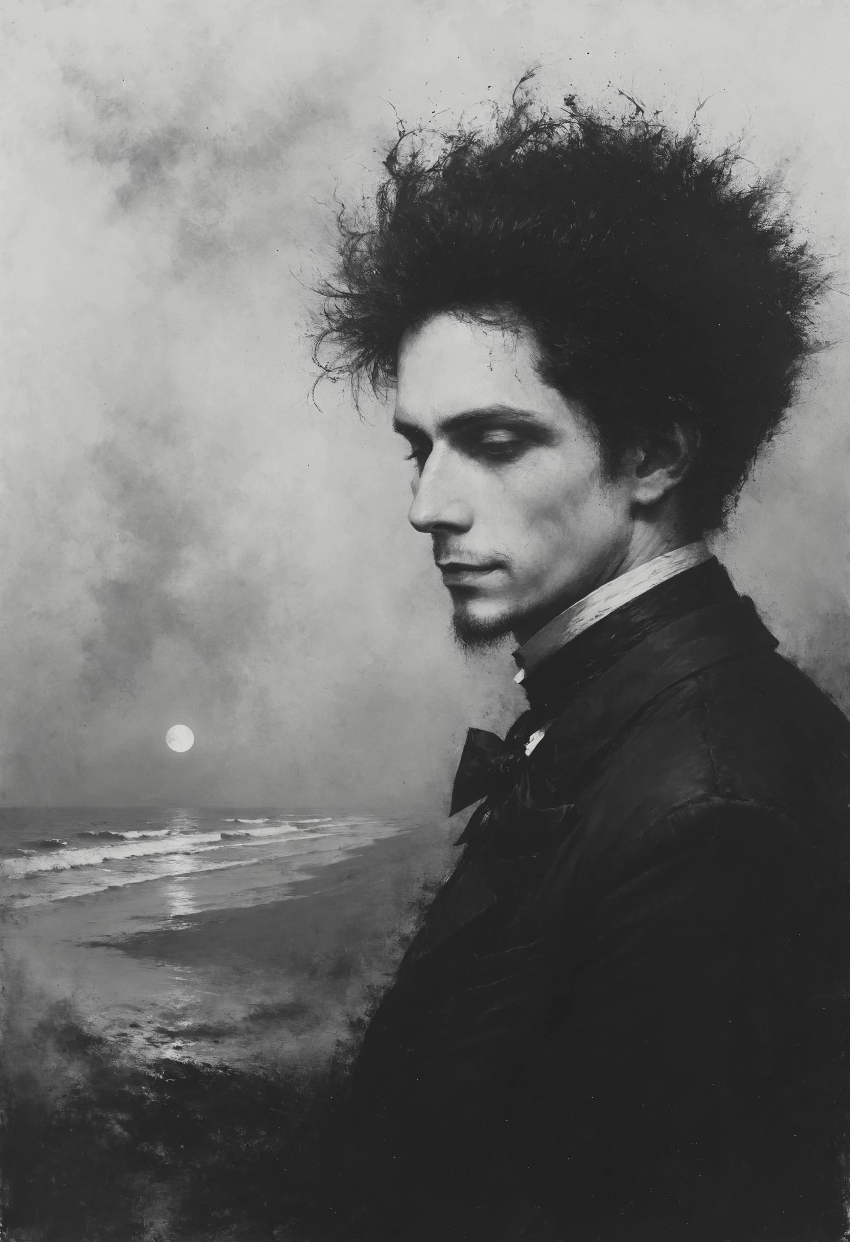 Crescent silver hang over black dunes, jiggers of bitters and over poof, Black barrister, powdered wigs, cheeks rouged, <lora:Desolation:0.7>, <lora:add-detail-xl:0.8>, lighting, <lora:IPXL_v8:0.7> inkpunk style