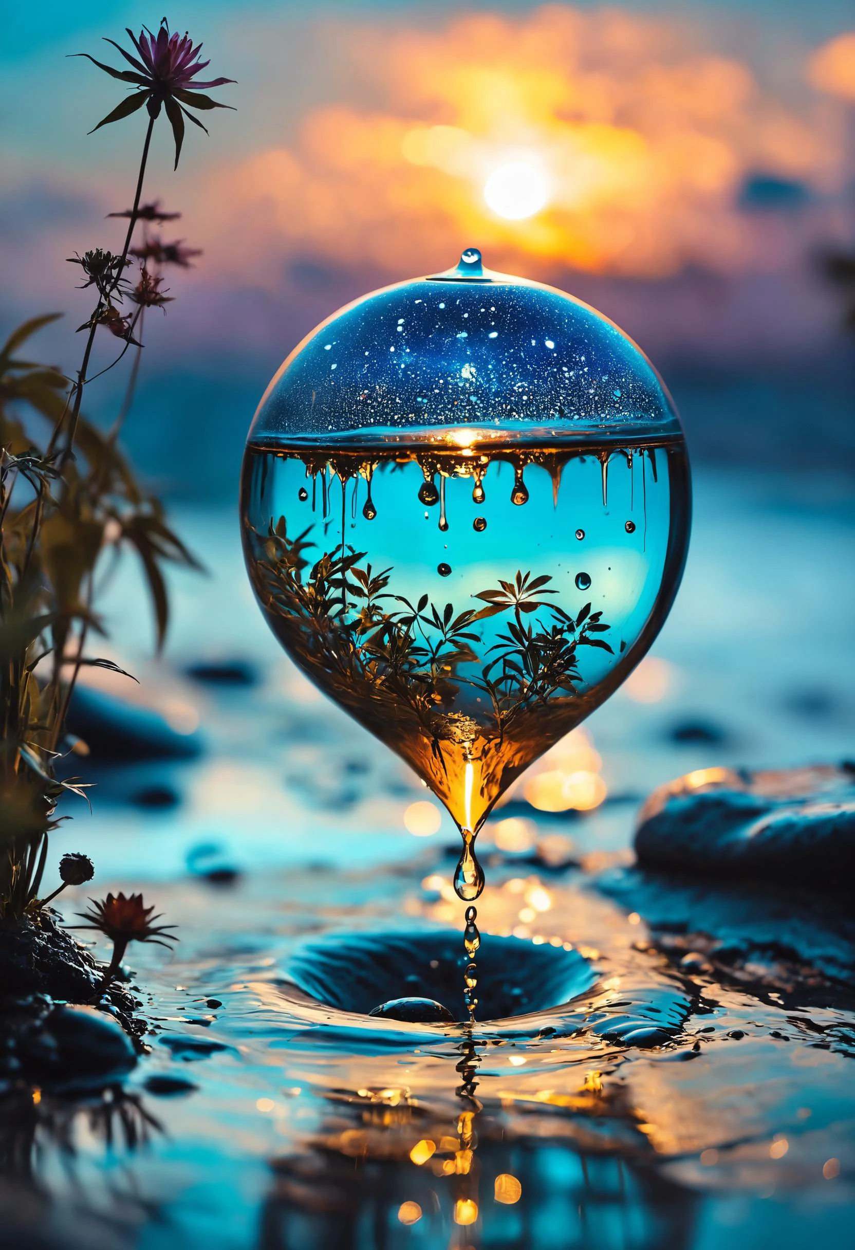 Rhymes forged to conjoin us to the cosmic, Spliff burnin' like crude oil, cool water drip like osmosis, <lora:EnvyEleganceXL01s:0.7> elegant, <lora:MJ52:0.8>, Twilight Light, <lora:IPXL_v8:0.7> inkpunk style