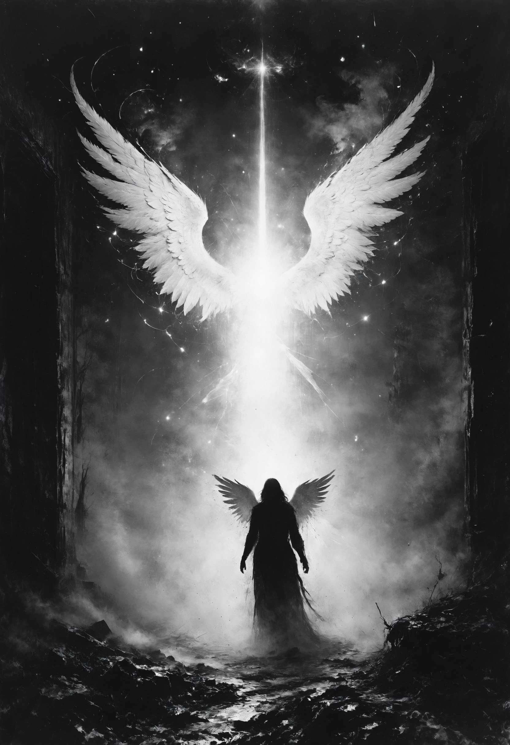 Dreams is dangerous, linger like angel dust, Ain't no angels hovering, ain't no savin' us, <lora:Desolation:0.7>, <lora:SDXLFaeTastic2400:0.8>, radiant lighting, <lora:IPXL_v8:0.7> inkpunk style