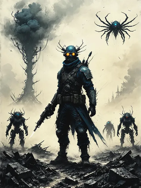 Android freedom fighter challenging AI tyranny in Post-apocalyptic wasteland with mutated creatures, ultra-fine digital painting, <lora:xl_more_art-full_v1:0.3>, <lora:Desolation:0.7>, <lora:IPXL_v8:0.7> inkpunk style