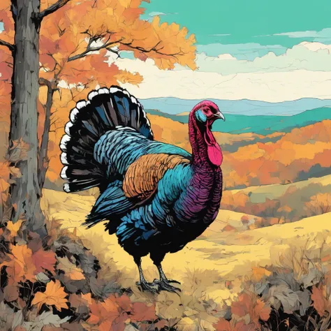 inkpunk style color illustration of a Turkey in its natural habitat <lora:IPXL_v8:1>
