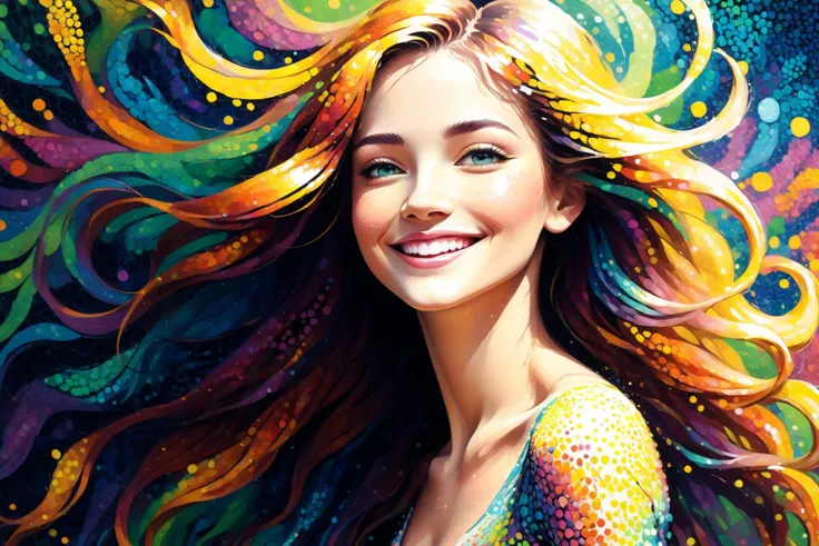 (pointillism:1.4), woman, (made completely of distinct 3d dots of paint:1.2), (smile:0.8), very long hair flowing in the wind, 3d shadows, paint texture, colorful <lora:xl_more_art-full_v1:1>, <lora:IPXL_v8:1> inkpunk, inkpunk style, illustration, color, (masterpiece:1.2), best quality