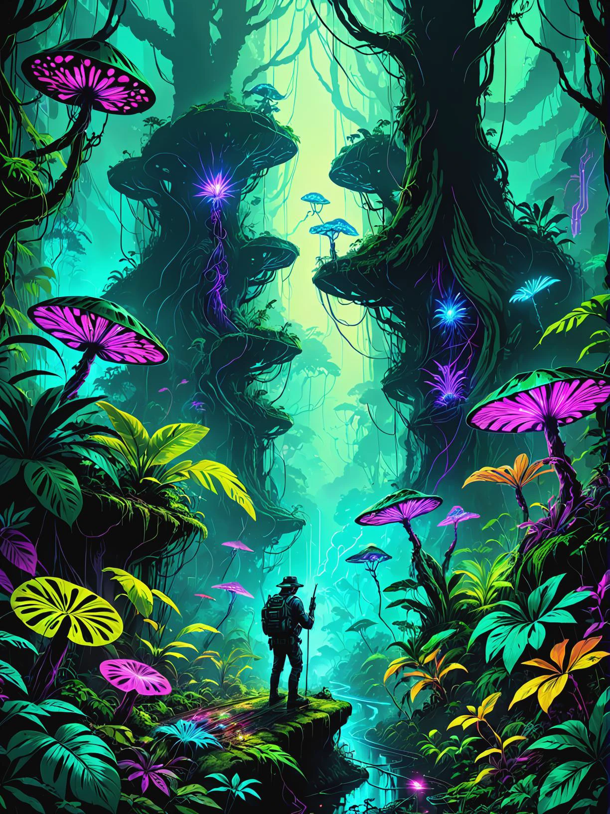 Time-traveling historian documenting pivotal events in Bioengineered creatures in neon-lit rainforest, ultra-fine digital painting, <lora:xl_more_art-full_v1:0.3>, <lora:Angst-v1-2_SDXL:0.7> Angst, <lora:IPXL_v8:0.7> inkpunk style