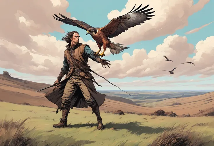 inkpunk style version of <lora:IPXL_v8:0.85>, A falconer training his bird on a windswept moor.