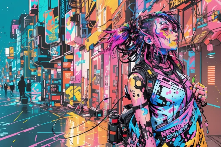 nvinkpunk, cyberpunk girl,neon lines, explosion, colorful, paint splashes, outrun (masterpiece:1.2), best quality <lora:IPXL_v8:1> inkpunk, inkpunk style, illustration, color, monochrome, grayscale, black and white <lora:add-detail-xl:1> misc