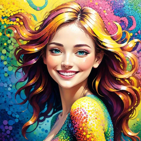 (pointillism:1.4), woman, (made completely of distinct 3d dots of paint:1.4), (smile:0.8), 3d shadows, paint texture, colorful <lora:xl_more_art-full_v1:1>, <lora:IPXL_v8:1> inkpunk, inkpunk style, illustration, color, (masterpiece:1.2), best quality