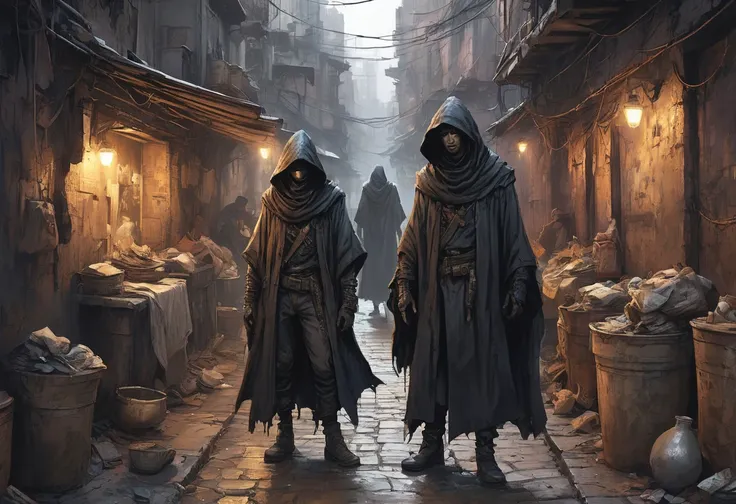inkpunk style version of   <lora:IPXL_v8:0.85>, Within the labyrinthine alleys of the slums, informants with cloaks of shadows trade secrets for credits, their whispers shaping the course of events in a world rife with intrigue.