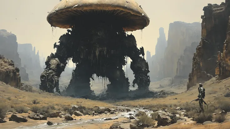 alien landscape, Biomechanical towering metallic giants, Giant mushrooms towering like colossal pillars, Rustic canyon winding through arid landscape , alien [fauna:flora:0.5], Candlelight, <lora:AshleyWoodArtAIcc:0.7> AshleyWoodArtAI, <lora:IPXL_v8:0.7> inkpunk style, <lora:SDXLFaeTastic2400:0.4>  <lora:XL_boss_battle:1> Bosstyle