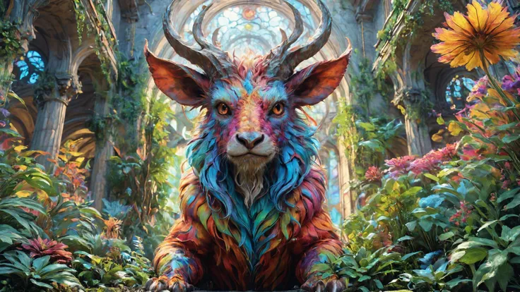 fmb Satyr,, Natural Light, Psychedelic, inkpunk style trending on artstation, CGSociety, by artgerm, low angle, tilted, perfect lighting, Macro lens, professional lenses awards winning    in Ross tran, low contrast, empty room with plants, bright neon, intricately detailed, golden ratio, blurred background<lora:Mythical_Beasts:0.8>  <lora:detailed_notrigger:0.8> <lora:Psychedelic:0.8> <lora:IPXL_v8:0.7>