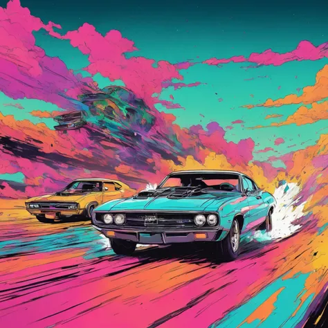inkpunk style color illustration of a drag race <lora:IPXL_v8:1>