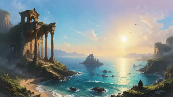 A cliff-top ruin with weathered columns and arches, overlooking a vast expanse of sea where dolphins play,,, Backlighting, inkpunk style, sharp focus, trending on artstation, concept art, digital painting, colorful, matte painting, concept art, greg rutkowski, artstation <lora:Desolation:0.7> <lora:SDXLFaeTastic2400:0.4> <lora:IPXL_v8:0.7> <lora:detailed_notrigger:0.8>