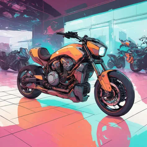 inkpunk style color illustration of a futuristic motorcycle on a showroom floor <lora:IPXL_v8:1>