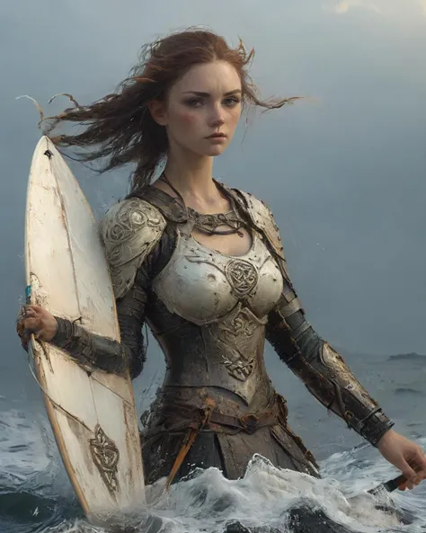 armed and armored beautiful celtic female warrior wind surfing, white froth, twilight hour, detailed face, <lora:add-detail-xl:0.75>, <lora:xl_more_art-full_v1:0.5>, <lora:NicolaSamori:0.8> in the style of Nicola Samori, <lora:XSfenlie:1> fenliexl, <lora:MJ52:0.4>, <lora:IPXL_v2:1> inkpunk,