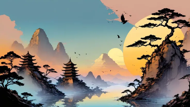 ink scenery, single bonsai tree, architecture, bird, east asian architecture, sunset, inkpunk theme, muted color, official art, ink art <lora:IPXL_v2:1>