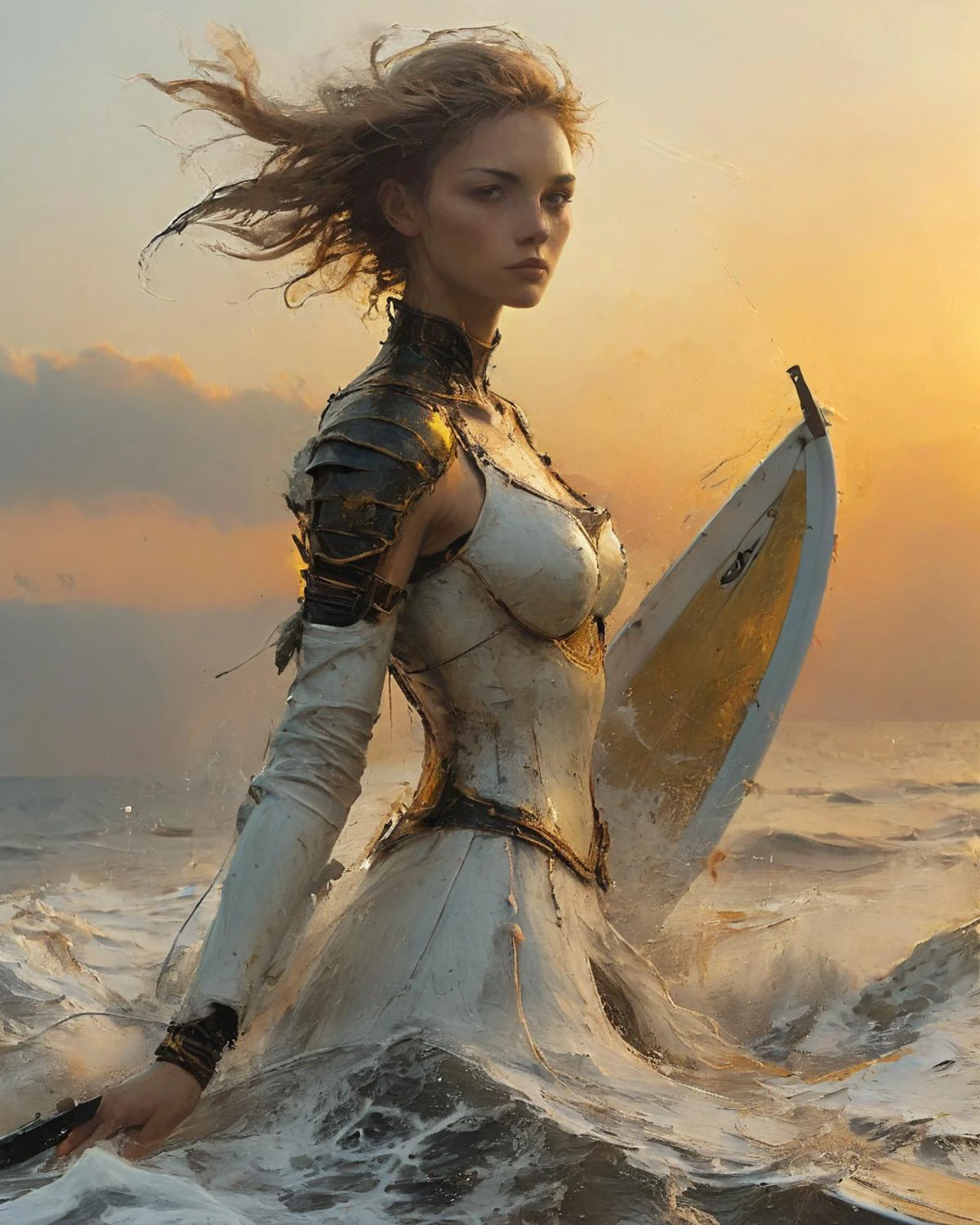 armed and armored beautiful female warrior wind surfing, white froth, golden hour, <lora:add-detail-xl:0.75>, <lora:xl_more_art-full_v1:0.5>, <lora:NicolaSamori:0.8> in the style of Nicola Samori, <lora:XSfenlie:1> fenliexl, <lora:MJ52:0.4>, <lora:IPXL_v2:1> inkpunk