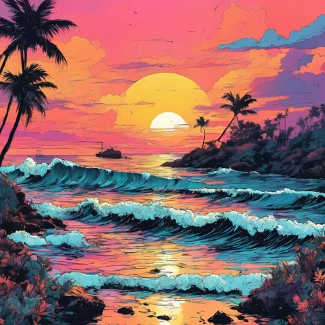 inkpunk style color illustration of an ocean sunset <lora:IPXL_v8:1>