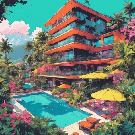 inkpunk style color illustration of a at a resort <lora:IPXL_v8:1>