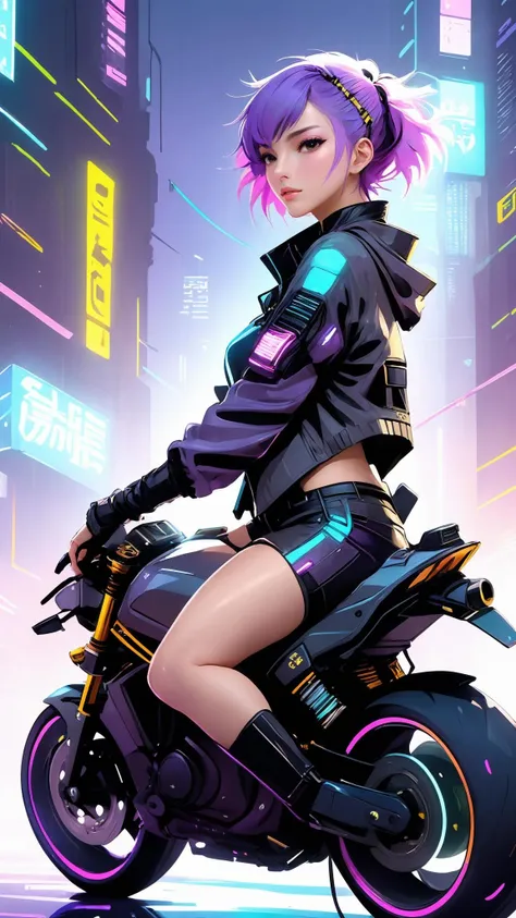 anime artwork masterpiece,best quality,depth of field,aesthetic,cyberpunk style,cyberpunk,anime,science fiction,
1 asian girl,20yo,solo,fullbody,jacket,purple|silver-blue|pink hair,short hair,Newly washed hair,
This is a futuristic cyberpunk style painting,featuring a cool girl riding a high-tech motorcycle,
<lora:add-detail-xl:1>,<lora:IPXL_v2:0.8>,inkpunk, . anime style, key visual, vibrant, studio anime,  highly detailed