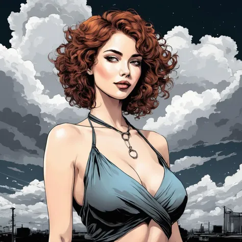 inkpunk style monochromatic illustration of a beautiful woman auburn short curly hair wearing a halter top posing partly cloudy late evening huge saggy breasts <lora:IPXL_v8:1>