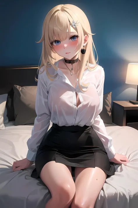 masterpiece, best quality, highres, detailed,
aizawa ema,
hair ornament, black choker, jewelry, earrings,
<lora:vspo_aizawa:0.8>,
shy, blush, nervous,
secretary,
white blouse, tight shirt, tight skirt, black skirt,
<lora:secretary:0.5>
bedroom, bed,