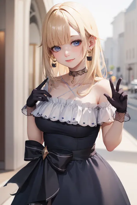 (masterpiece, best quality:1.2), <lora:vspo_aizawa-10:0.8>, solo, 1girl, aizawa ema, smile, closed mouth, looking at viewer, hands up, hair ornament, dress, gloves, black choker, jewelry, earrings