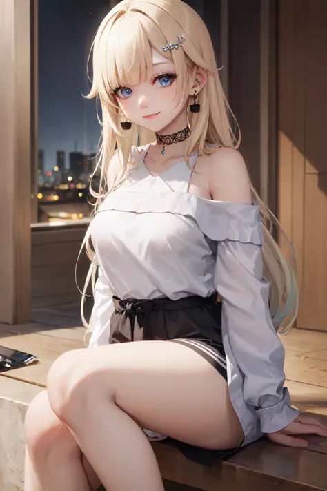 (masterpiece, best quality:1.2), <lora:vspo_aizawa-10:0.8>, solo, 1girl, aizawa ema, smile, closed mouth, looking at viewer, hair ornament, off-shoulder shirt, black shorts, black choker, jewelry, earrings