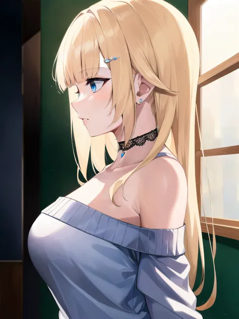 (masterpiece:1.3), (absurdres:1.3), (best quality:1.3), hand of Guido Daniele, (ultra-detailed:1.3),(best shadow:0.7), (handled hair), 
1girl, solo, sh1, aizawa ema, , blonde hair, asymmetrical bangs, blunt bangs, blue eyes, hair ornament, (Off_shoulder, sweater, long sleeve, black choker, strap), from side, upper body,  profile, arms_behind_back