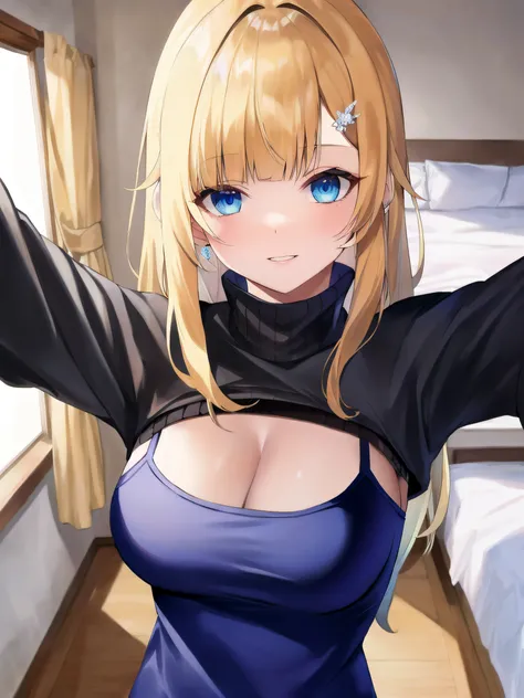 (masterpiece:1.3), (absurdres:1.3), (best quality:1.3), hand of Guido Daniele, (ultra-detailed:1.3),(best shadow:0.7), (handled hair),
1girl, solo, sh1, aizawa ema, large breasts, cleavage, blonde hair, asymmetrical bangs, blunt bangs, blue eyes, hair ornament, shrug \(clothing\), turtleneck, long sleeves, upper body, from above, all_fours, pov, close-up, outstretched_arms, incoming_hug
BREAK indoors, bedroom