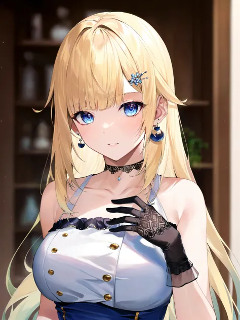 (masterpiece:1.3), (absurdres:1.3), (best quality:1.3), hand of Guido Daniele, (ultra-detailed:1.3),(best shadow:0.7), (handled hair), 1girl, solo, sh1, aizawa ema, large breasts, blonde hair, asymmetrical bangs, blunt bangs, blue eyes, hair ornament, dress, gloves, black choker, jewelry, earrings