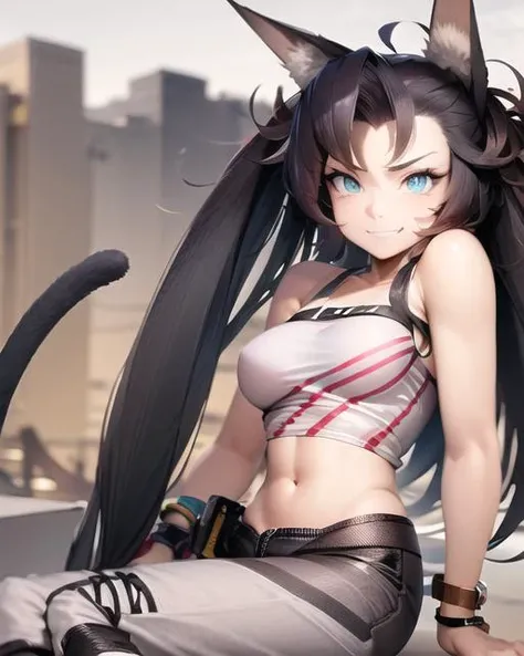 <lora:blaze-10:0.8>, burst_feline, long hair, blue eyes, cat ears, cat tail, medium breasts,
sneakers, wristwatch, pants, crop top,
1girl, solo, smug face, 
close up