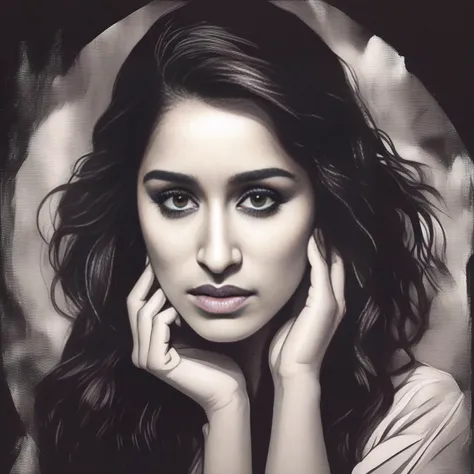 ShraddaKapoor, (art by Edward Steichen:0.8) , On pale black paper, Painting, behance, Holistic Irish Female, intricate details, Layered cut hair, Stormy weather, Anime screencap, Shameless, Grimdark, Instax, Complex background,  <lora:ShraddaKapoorSDXL:1>