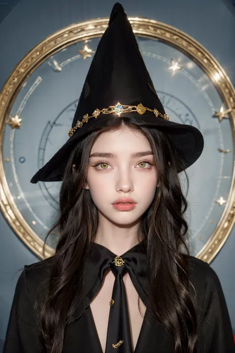 <lora:magic circle:0.8>,magic circle,1girl, upper body, shiny,  <lora:001:0.6> <lora:Wlop:0.5>,fantasy style,(witch hat:1.35), black and gold theme,(witch:1.35),<lora:AI_hanvy:0.35> <lora:abelå¯ç±çç¾:0.25>