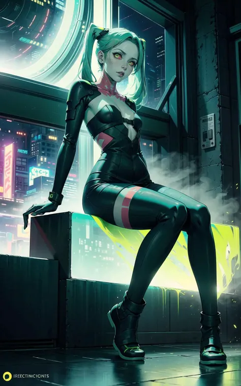 (1girl:1.5), (flat chest:1.5), rebecca \(cyberpunk\):1.2, cyberpunk edgerunners,
((high resolution illustration)), ((masterpiece)), ((best quality)), high detail, many details, atmospheric, dynamic angle, dynamic,
(textured skin:1.4), (detailed green hair: 1.9), (detailed red eyes:1.4), long hair, intricate hair, solo focus, detailed brows, mechanical eye, colored sclera, red sclera, colored skin, white skin, leg tattoo, neck tattoo,young, twintails, (big lips), wide hips, large thighs, young, slim, fit, young adult,(short:1.5),
detailed lighting, realistic colours, vivid colours, the most beautiful form of chaos, elegant,romanticism, ecstasy of light and shadow, deep shadow, (low key:1.3), (dark theme:1.3),
(full body:1.5),
(sitting:1.3), in the guest room, (night:1.5), (futuristic city outside:1.5), (cyberpunk interior:1.3),(big window:1.3),
(view from apart:1.1),
<lora:rebeccaCyberpunk_v10:0.7>,