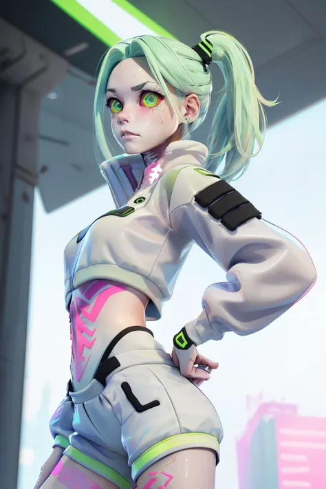 masterpiece, best quality, highres, 1girl, rebecca cyberpunk <lora:rebecca_v1:1>, beautiful detailed eyes, white skin, green hair, pink tattoos, Nike sportswear outfit, <lora:Shinyskin-000018:0.3> , from below , 3DMM <lora:3DMM_V12:0.5>