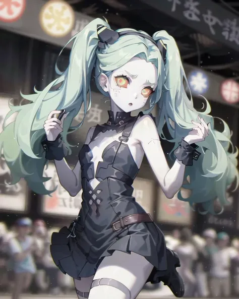 ((best quality)), ((highly detailed)), masterpiece, ((official art)), extremely detailed face, beautiful face, (detailed eyes, deep eyes), (1girl), <lora:rebeccaCyberpunk_v10:.8>, rebecca \(cyberpunk\), solo, twintails, black hairband, mechanical eye, colored sclera, red sclera, colored skin, white skin, leg tattoo, neck tattoo, green hair, small breasts, red pupils, red eyes, <lora:gothicPunkGirl_v10:.6>, Goth_punk