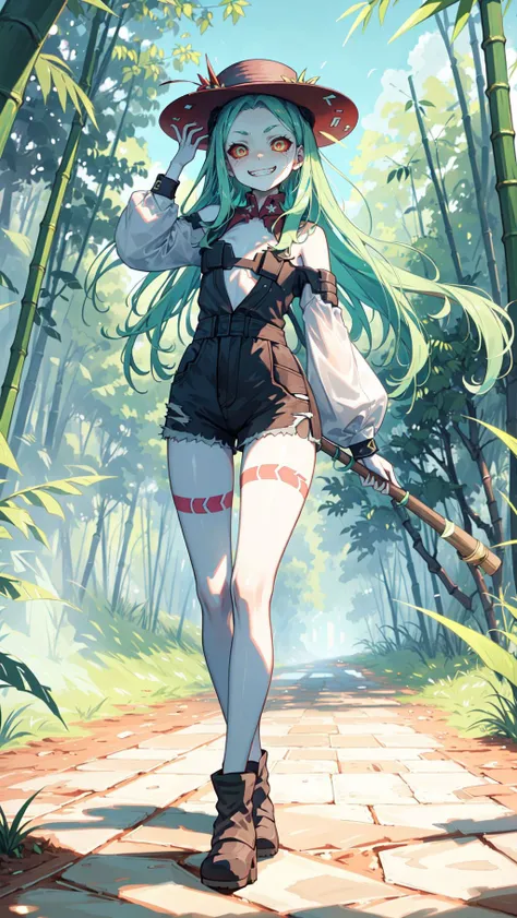 (masterpiece, 4k, 8k, ultra hires, exremely detailed, good shadow, good light, deep shadow, unreal, high resolution, ultra detailed, best quality, ultra high res, visually stunning, beautiful, award-winning art, best quality, stunningly beautiful:1.2), <lora:rebecca_v1:0.75>, 1girl, rebecca \(cyberpunk\), solo, long hair, mechanical eye, colored sclera, red sclera, colored skin, white skin, leg tattoo, neck tattoo, green hair, long hair, small breasts, fang, red pupils, skin fang, red eyes, <lyco:PunkBundleAI:0.4>, teslapunkai, retro-futuristic, shot wide shot, focus full body, high waist shorts, Bamboo Hat, , Knee-high socks