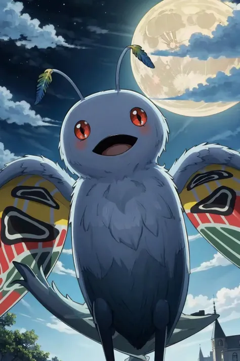 masterpiece, best quality, solo, looking at viewer, <lora:Mothman_Fp:1>, mothmansmt, (no humans:1.6), pokemon \(creature\), city, outdoors, night, happy, <lora:FE-ENGAGE S Rank_Fp:1>, moon, clouds, night