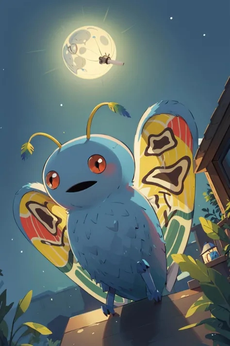 masterpiece, best quality, solo, looking at viewer, <lora:Mothman_Fp:1>, mothmansmt, (no humans:1.6), pokemon \(creature\), night, lamp, moon, outdoors