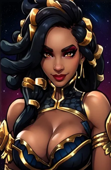 Imani,black dreadlocks,brown eyes,makeup, smile,
gauntlets,bare shoulders,black armor,black thighhighs, cleavage,gold hair bangles,gold jewelry,
standing, solo,upper body,
blue and red fire background,nighttime,stars,
(best quality, masterpiece, beautiful and aesthetic:1.2, highest detailed face, perfect face,),
<lora:imani-10v6:0.8>,
