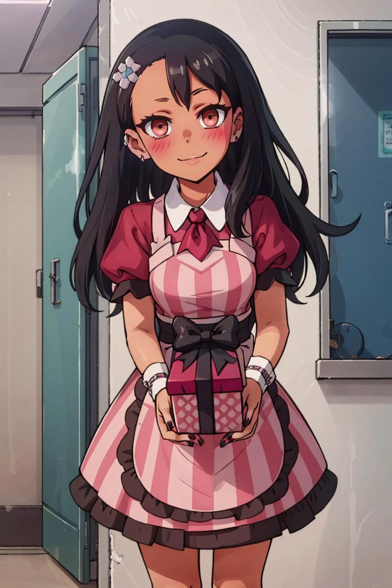 (masterpiece, best quality:1.2), solo, beautiful eyes, <lora:Palentines_2022:0.6>, smile, looking at viewer,
<lora:eft_nagatoro_main-02:0.8> Eft_Nagatoro_Main, nagatoro hayase, brown eyes, hair ornament, dark-skinned female, dark skin, long hair,
blush, box, closed mouth, commentary request, creatures (company), dress, earrings, eyelashes, game freak, gift, gift box, holding, holding gift, jewelry, looking at viewer, nail polish, nintendo, pink dress, red shirt, shirt, short sleeves, waist apron, wrist cuffs