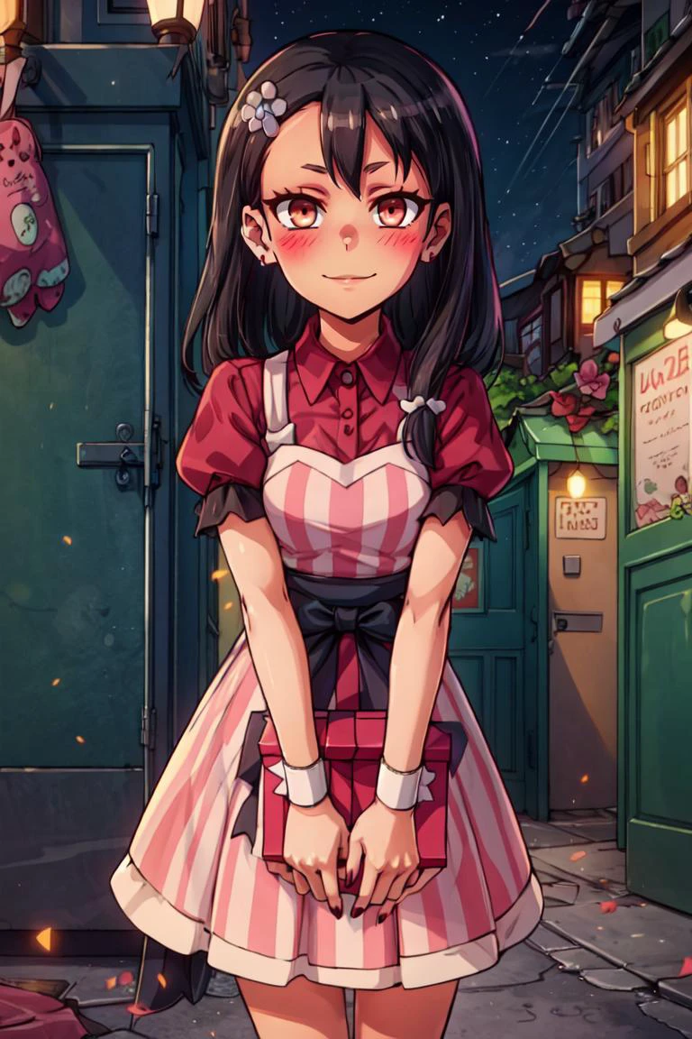 (masterpiece, best quality:1.2), solo, beautiful eyes, <lora:Palentines_2022:0.6>, smile, looking at viewer,
<lora:eft_nagatoro_main-02:0.8> Eft_Nagatoro_Main, nagatoro hayase, brown eyes, hair ornament, dark-skinned female, dark skin, long hair,
blush, box, closed mouth, commentary request, creatures (company), dress, earrings, eyelashes, game freak, gift, gift box, holding, holding gift, jewelry, looking at viewer, nail polish, nintendo, pink dress, red shirt, shirt, short sleeves, waist apron, wrist cuffs