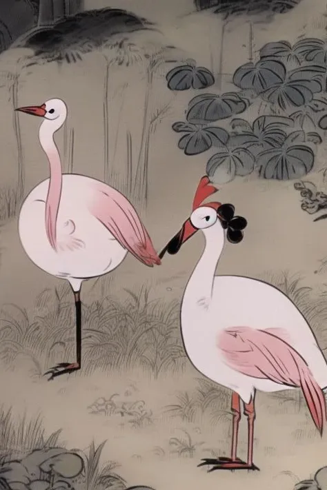 best quality, Alice in the Queen's croquet garden, with flamingos as mallets, shinyunbok painting