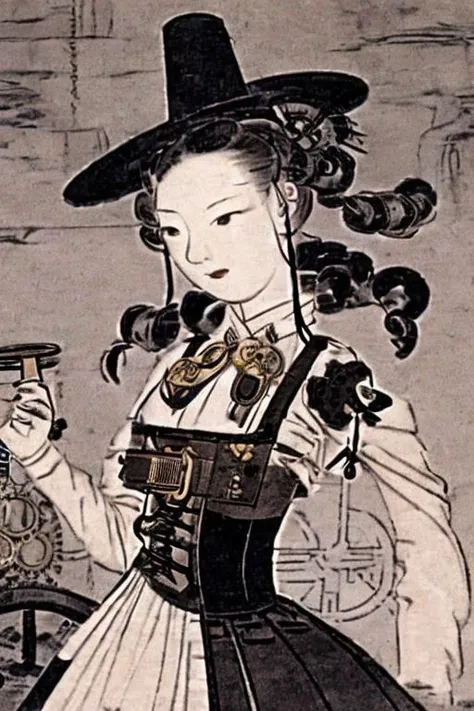 best quality, A portrait of a steampunk girl with a corseted dress featuring gears and cogs, and a brass key pendant, shinyunbok painting