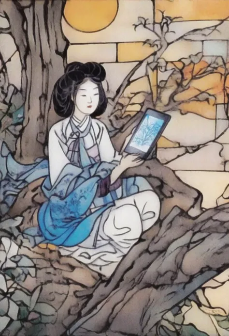 Stained glass style shinyunbok painting, a girl looking at tablet pc, under the tree, sitting on ground . Vibrant, beautiful, translucent, intricate, detailed