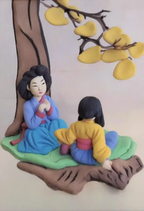 play-doh style shinyunbok painting, a girl looking at tablet pc, under the tree, sitting on ground . sculpture, clay art, centered composition, Claymation