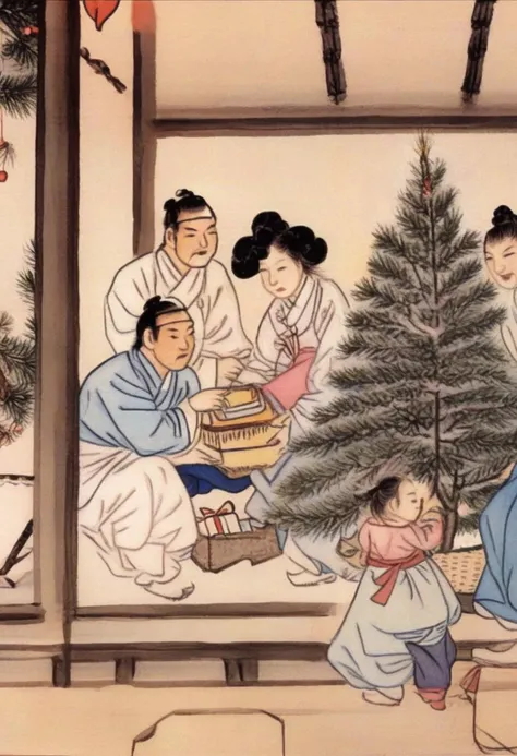 best quality, shinyunbok painting, Design an illustration of a family gathered around the Christmas tree, exchanging gifts.
