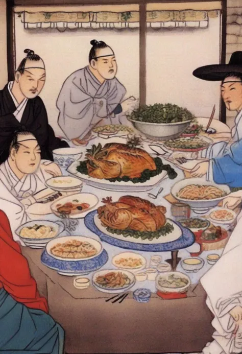 best quality, shinyunbok painting, Show me a picture of a festive Christmas dinner table with all the trimmings.