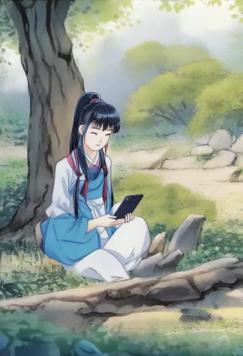 anime artwork shinyunbok painting, a girl looking at tablet pc, under the tree, sitting on ground . anime style, key visual, vibrant, studio anime,  highly detailed