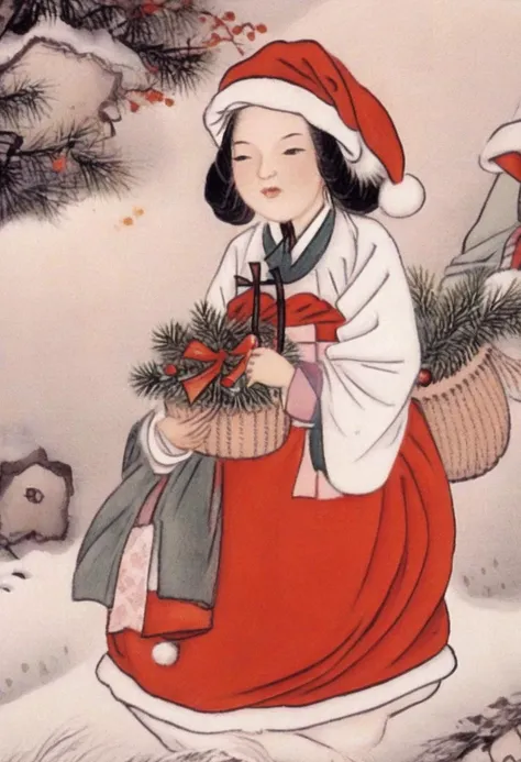 best quality, shinyunbok painting, a picture of a cute Santa girl with a basket of presents.