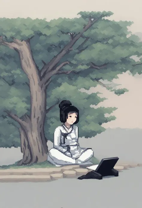 pixel-art shinyunbok painting, a girl looking at tablet pc, under the tree, sitting on ground . low-res, blocky, pixel art style, 8-bit graphics